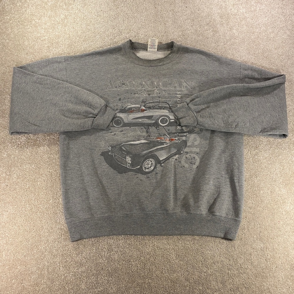 Jerzees Sweatshirt Mens Large Gray American Sports Car Graphic Vintage NuBlend